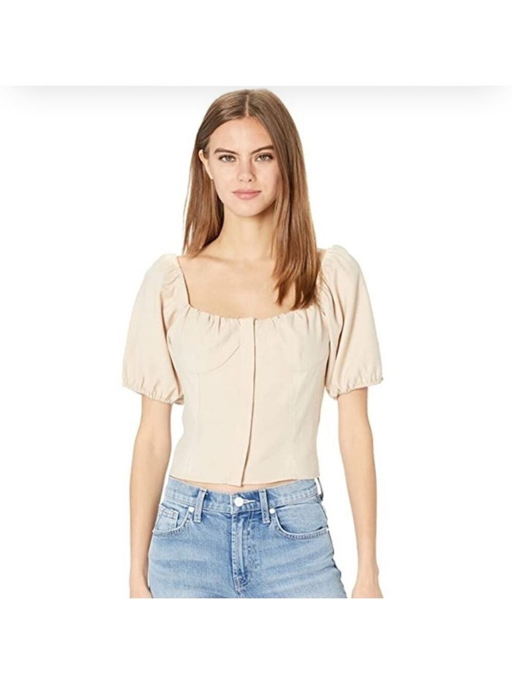 WAYF Khaki Debby Cream Puff Sleeve Bustier shirred back Top xs